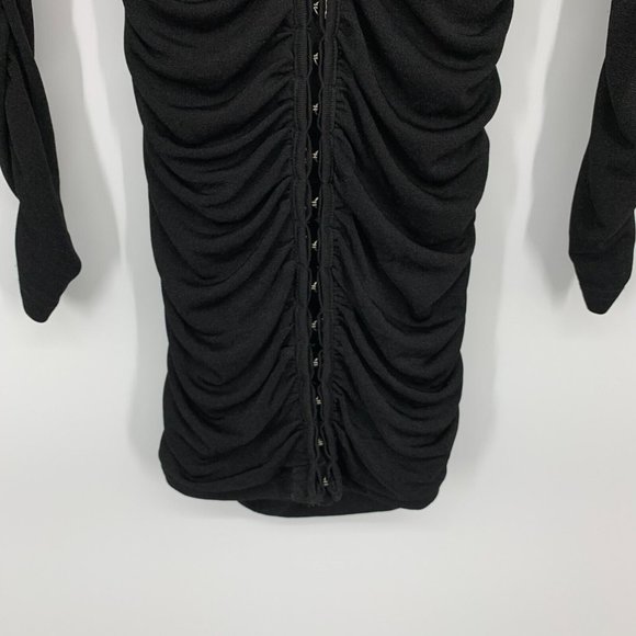 Bardot Dress Demi Black V Neck Ruched Long Sleeve Mini Bodycon - Picture 8 of 12